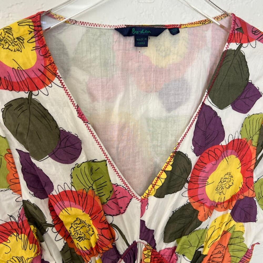 Boden Women's V-Neck Floral Print A-Line Dress 12R Pink Short Sleeve Cotton - Picture 3 of 9